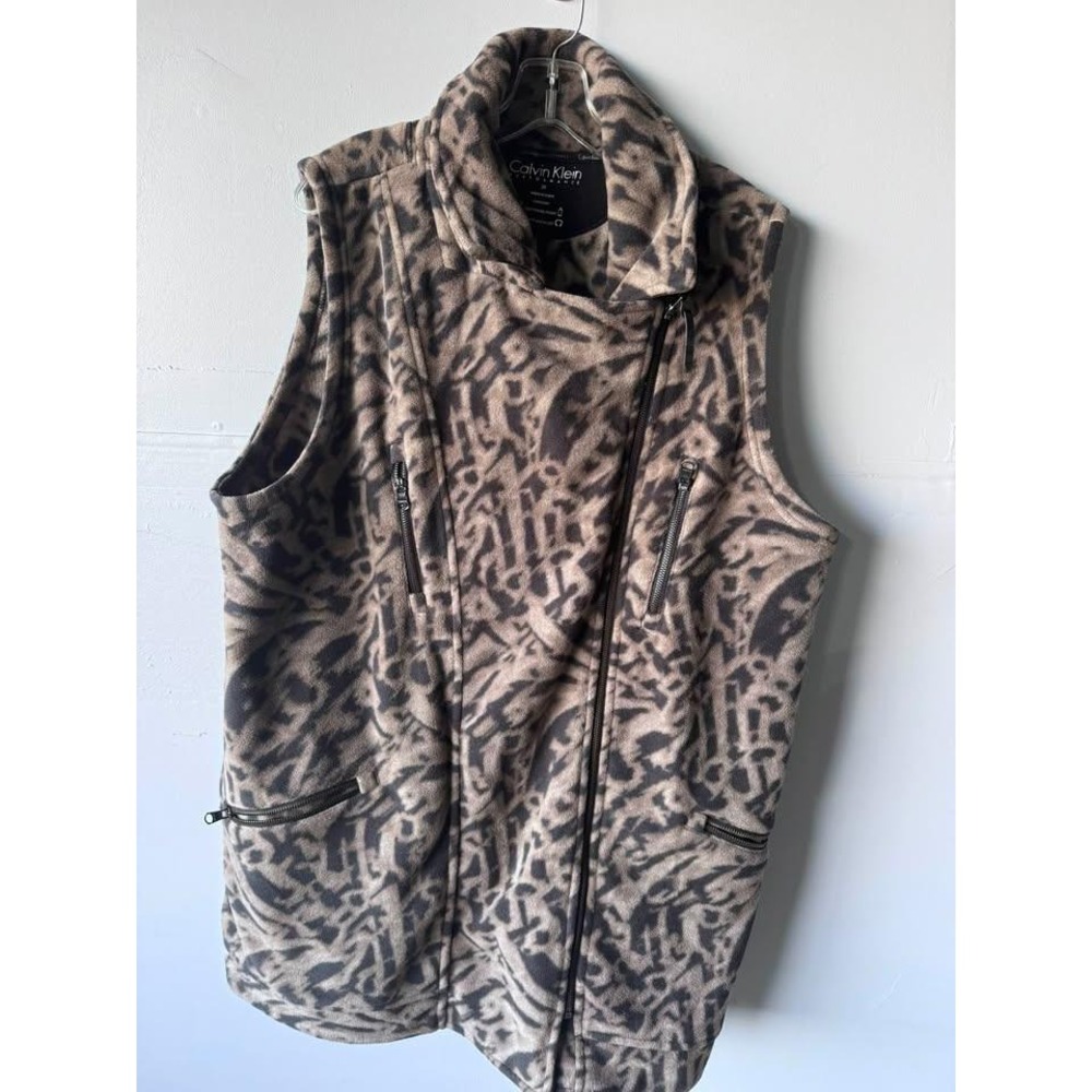 Calvin Klein Performance Women 2X Animal Print Fleece Moto Vest Asymmetric Zip